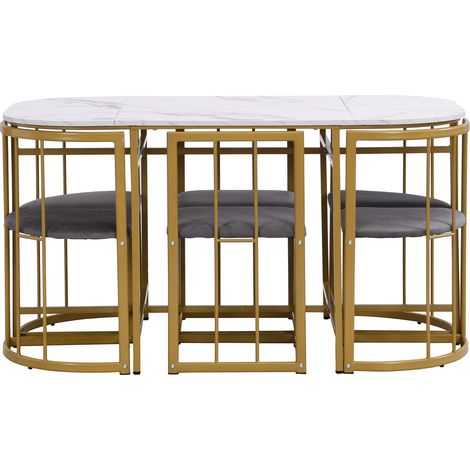 Conjunto de mesa de comedor blanca con 6 sillas, tablero de MDF y estructura de hierro dorado (1/5)