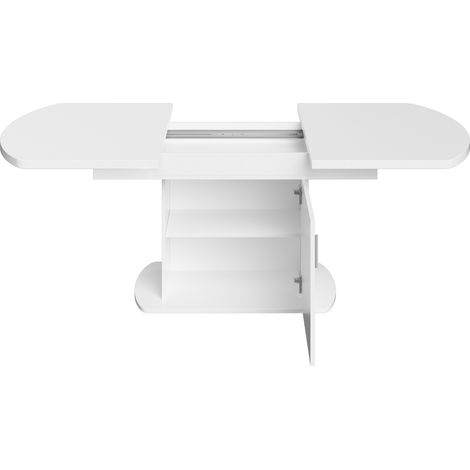 Table à manger ovale extensible avec rangement, 140/200x80x75 cm, design moderne blanc avec poignées argentées (1/5)
