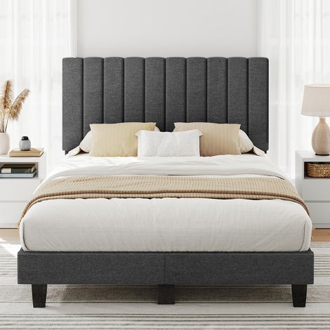 Lit 140x190 cm INRE, avec Tête de Lit en Tissu, Lit Double Capitonné avec Sommier à Lattes, Lit Adulte pour 2 Personnes, Gris (1/5)
