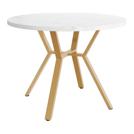 Ensemble table et chaises de salle à manger (5 pièces), style moderne et épuré. Table ronde en marbre, pieds de table en métal noir + 4 chaises ergonomiques en daim vert.