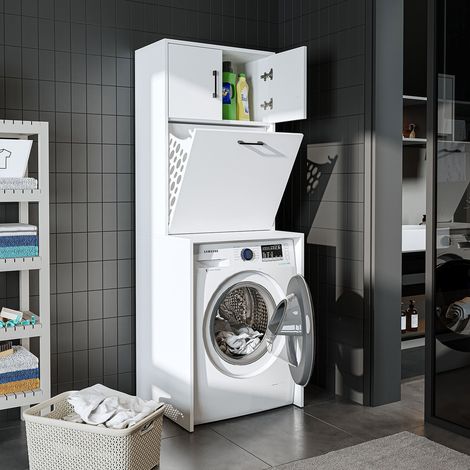 Luna Washing Machine Cabinet with Built In Laundry Basket and Storage Cupboards, White (1/5)