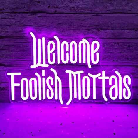 Enseigne néon « Welcome Foolish Mortals » (Bienvenue, mortels insensés) : éclairage violet effrayant à intensité variable, idéal pour soirées, maisons hantées, « Man Cave », anniversaires ou cadeaux d (1/5)