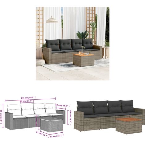 Salon de jardin 5 pcs avec coussins gris résine tressée - Ensemble Salon De Jardin - Salon De Jardin Extérieur - Meuble De Jardin - Mobilier De Jardin - Résine Tressée - Home & Living (1/3)