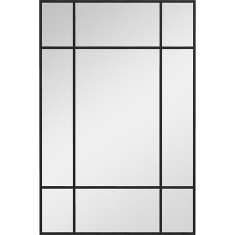 Miroir mural verrière rectangulaire style fenêtre, horizontal ou vertical avec 4 crochets, en métal noir - 90x60 cm