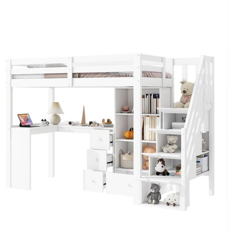 Lit mezzanine enfant 90x200 cm avec bureau, tiroirs, rangements ouverts et échelle intégrée, structure en pin et MDF blanche, sans matelas, EN747 CHICFURN (1/5)