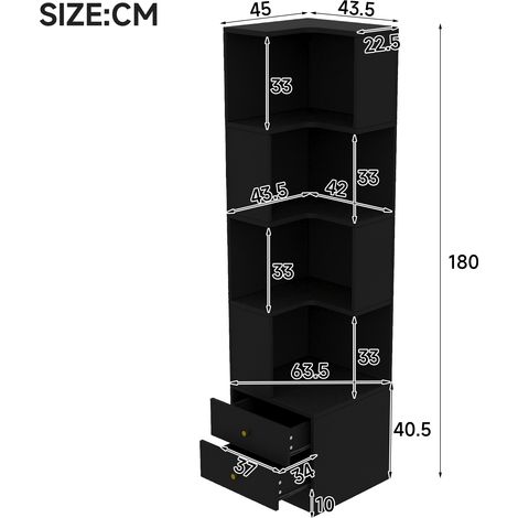 Étagère de rangement, rangement intégré, 45 x 43,5 x 180 cm, MDF, noir (1/5)