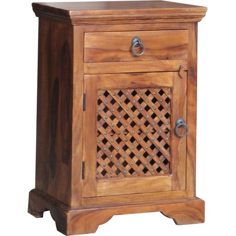 Ganga Latic Jali Bedside with Left Side Door - Sheesham Wood - L31 x W45 x H65 cm - Honey Dark Finish