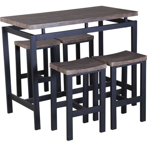 Set tavolo alto, bar + 4 sgabelli NIMES. Set moderno stile industriale, legno e metallo.