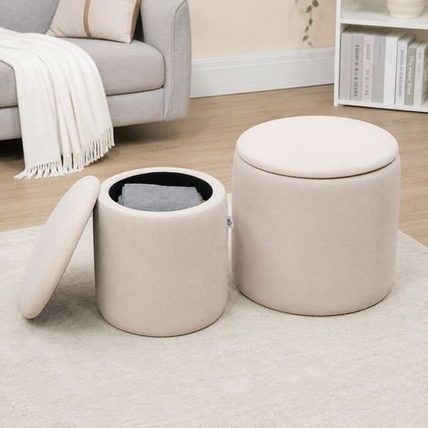 Lot de 2 poufs tabourets repose-pieds coffre de rangement en tissu aspect velours côtelé Ø40 cm et Ø30 cm, crème (1/5)