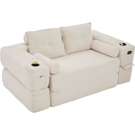 Sofá cama plegable de corduroy beige para 2 personas, espuma 30, muelles y cojines (1/5)