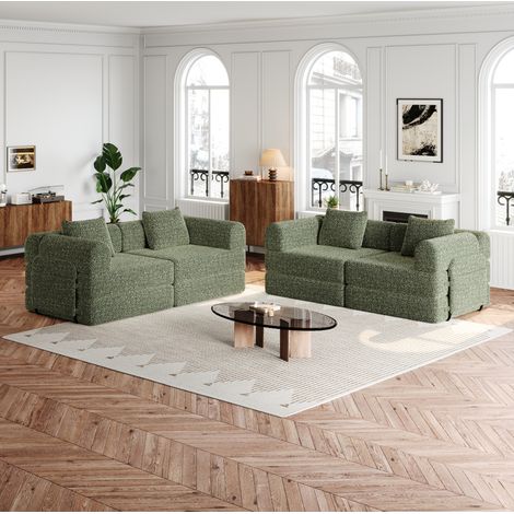 Schlafsofa Grün aus Chenille mit Armlehnen-Staufach, Stahlrahmen und 2-in-1-Funktion (1/5)