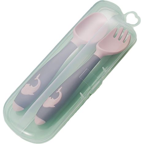 Ensemble pour tout-petits avec étui de voyage, cuillère et fourchette pour bébé, poignées flexibles en silicone, faciles à prendre en main et résistantes à la chaleur