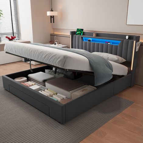 MODFU – Cama de matrimonio 160x200 cm con LED, arcón hidráulico y cabecero regulable, terciopelo gris oscuro (1/5)