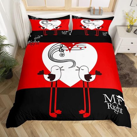 Mr Mrs Parure de Lit 140x200cm Funny Quote Housse de Couette Amoureux Couple Bonheur Love Birds Heart Parure Housse de Couette Rouge Noir Romantique Mariage Thème Chambre Décor 2Pcs - 140 x 200 cm (1/5)