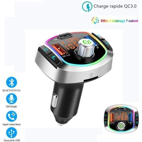 Transmetteur FM Bluetooth, Adaptateur Bluetooth 5.0 Voiture avec Port de Charge Rapide QC 3.0 - Noir (1/4)