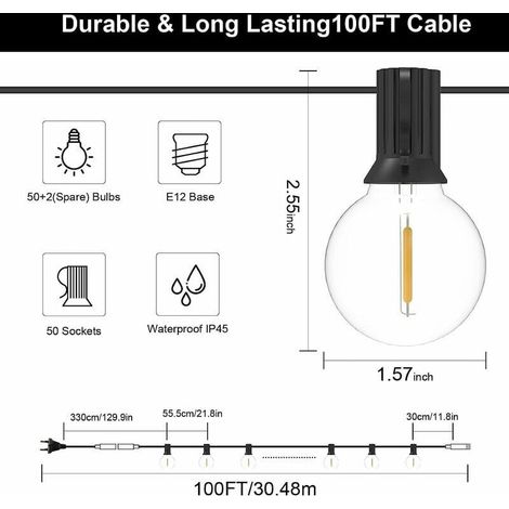 Catena luminosa a LED da esterno da 30 m con 50 lampadine E12 G40 in plastica impermeabile per giardino, cortile e patio. (1/3)