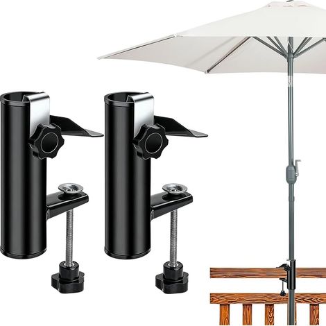 2 Pièces Support de Parasol en Métal, Pied de Parasol Fixation Balustrade Balcon Pince de Parapluie Réglable pour Balcon, Terrasse ou Table, Ø19-38mm (1/5)