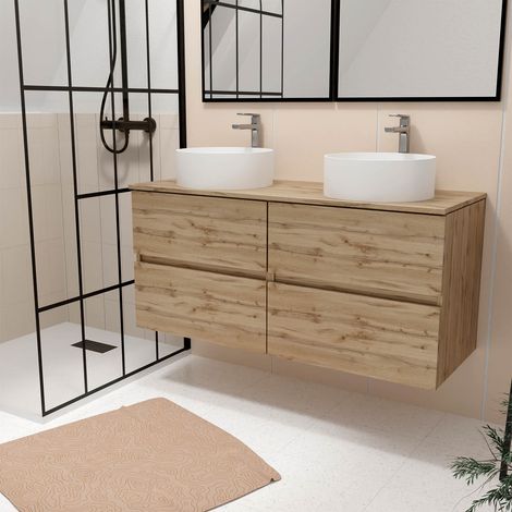 Mobile Bagno 120cm 4 Cassetti Rovere Naturale + 2 Lavabi Rotondi Ø 36cm Ceramica Bianca (1/4)