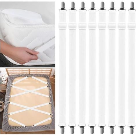 Set of 8 elastic sheet straps with adjustable metal clips (35-130 cm) for bed.