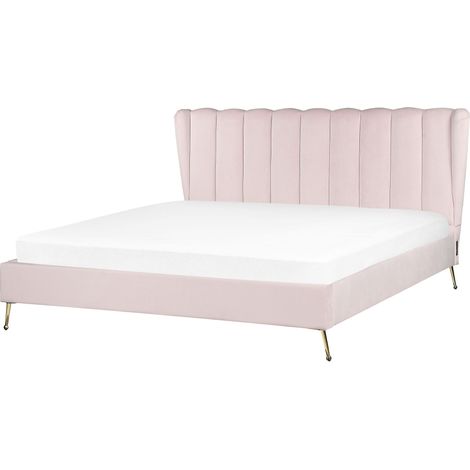 Letto matrimoniale velluto 180 x 200 cm Testata con porta USB Gambe in metallo dorato Rosa Miribel