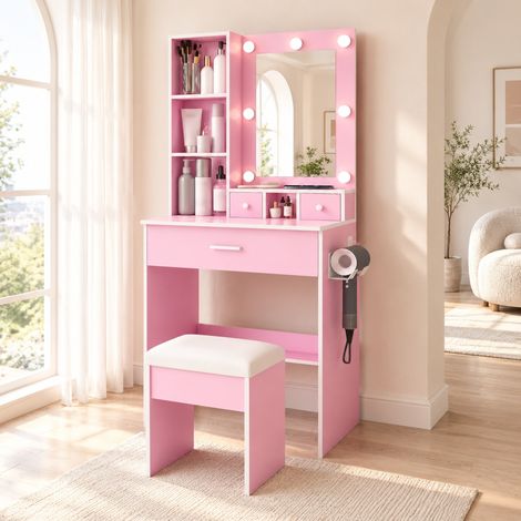 Tocador rosa de MDF 60x38x131,5 cm con almacenaje, espejo LED y taburete-FLORAGRACE (1/5)