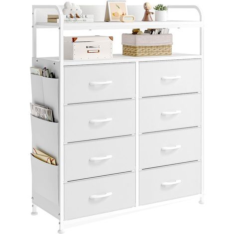 Commode 8 tiroirs, meuble de rangement, poignées faciles, cadre métal Blanc