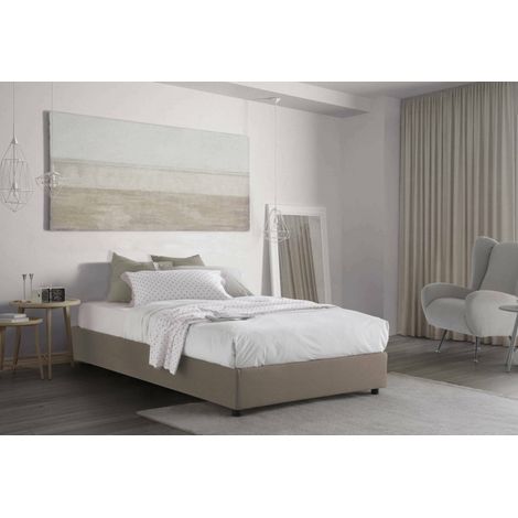 Dmora - Cama de plaza y media Dbamb, Cama contenedor con revestimiento de tela, 100% Made in Italy, Apertura frontal, con colchón Cm 120x190 incluido, Tórtola (1/5)
