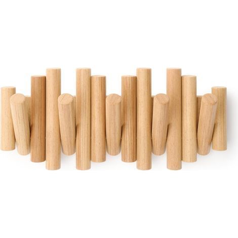 Patère murale 5 crochets en bois de pin biseauté – Finition naturelle – Dimensions 37,1 x 16,5 x 4,4 cm – Charge 2,25 kg par crochet (1/5)