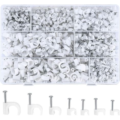 700 Pièces Attache-câble Ronde avec Clou en Acier, Clips Câble Ronds, Cavalier Cable Electrique Blanc pour Fixation de Câble de Bureau Domicile, 4 mm/5 mm/6 mm/8 mm/10 mm (1/5)