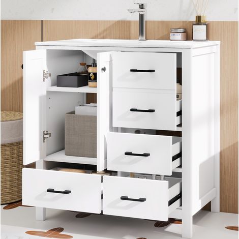 Mueble lavabo baño freestanding 76 x 46 x 82 cm blanco con lavabo cerámico y 4 cajones OKWISH (1/5)