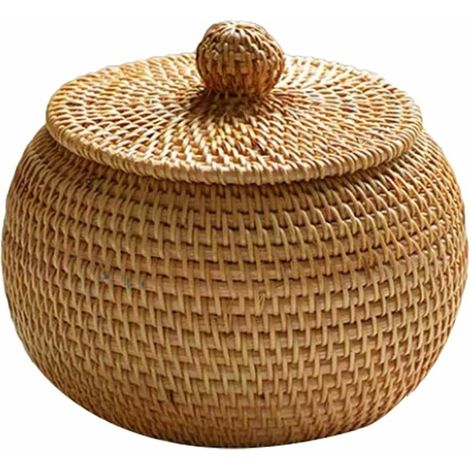 Aufbewahrungskorb aus Weide mit Deckel, Rattankorb, kleine Weidenbox, natürliches Rattan, gewebt für Schlafzimmer, Wohnzimmer, Büro, 15 x 12 cm