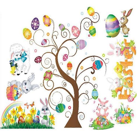 Oster-Fensteraufkleber mit Baum-, Hasen- und Eiermotiven für Wand- und Türdekoration, Tiertapete