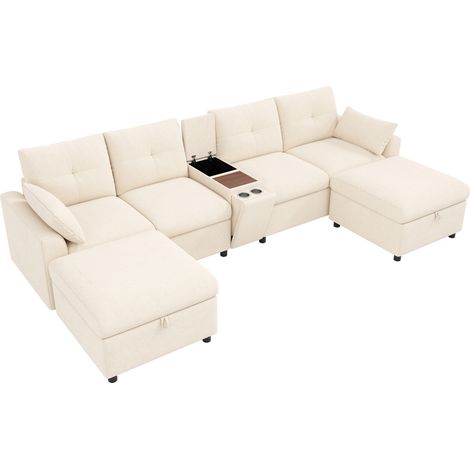 Divano angolare modulare 6 posti in ciniglia beige con pouf contenitore, console e USB MODENUIT (1/5)