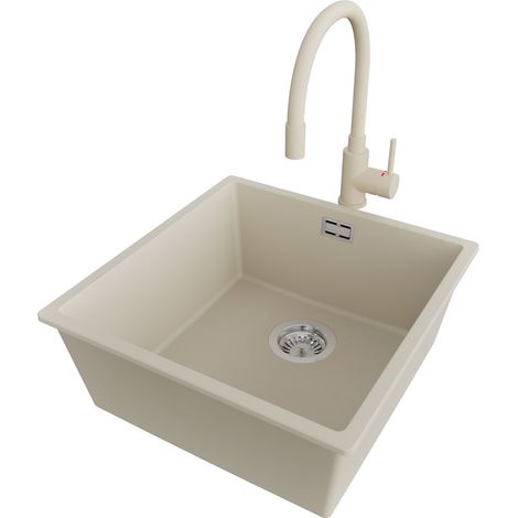 PRIMAGRAN Evier Cuisine en Granit 46x47cm,Lavabo 1 bac + Robinet 38x14cm + Kit de Vidage, Évier à Encastrer au meuble 50cm - London Slim, Beige (1/5)