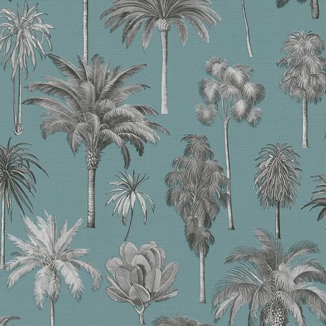 Papel pintado naturaleza Profhome 791714 papel pintado vinílico estampado en caliente tejido non tejido ligeramente texturado con palmeras mate azul turquesa-pastel petrol gris 5,33 m2