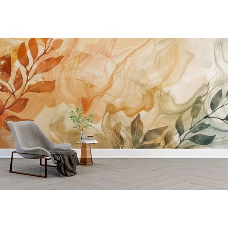 Papier peint abstrait - volutes aquarelle orange et vertes - 150 x 250 cm (1/2)