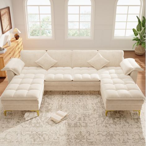 Canapé d’angle U 262x134x86 cm en chenille beige, modulable, gain de place pour salon FloraGrace (1/5)