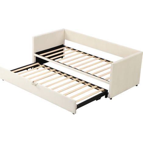 Canapé-lit escamotable 90/180 x 200 cm en velours beige avec sommier à lattes, lit multifonction sans matelas (1/5)