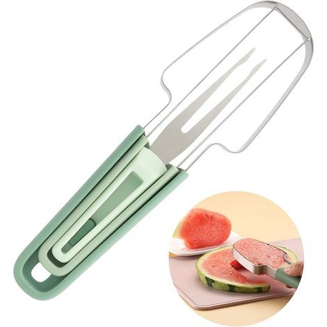 Coupe-Pastèque 3 en 1 en Acier Inoxydable, Coupe Pasteque, coupe-melon en acier inoxydable, fourchettes à fruits pour le camping, Coupeur de Fruits pour Pastèque, Melon, Papaye, Fruit du Dragon, Vert (1/5)
