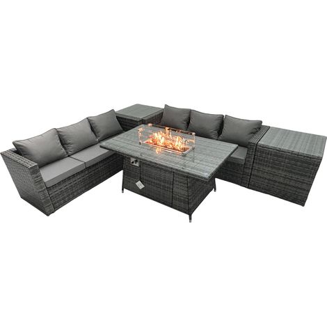 Fimous Rattan Garden Furniture Firepit Dining Set 6 Seater Lounge Sofa Table Set with 2 Side Tables (1/5)