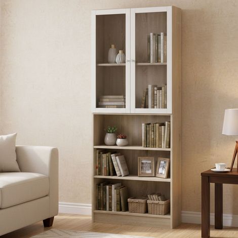 Dmora - Estante para libros Alixane, Estante de oficina, Porta libros móvil, Biblioteca, 79x28 h203 cm, Roble y Blanco (1/3)
