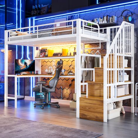 Lit mezzanine 90x200 cm avec LED, 2 tiroirs, bureau, échelle de rangement, grille pour suspendre des objets, structure métal, blanc