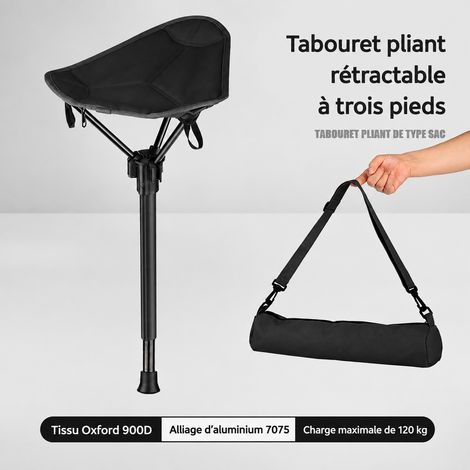 Tabouret monopode pliant télescopique de camping noir avec sac bandoulière noir réf 0546 43 × 10 × 10 cm 480 g – Livraison gratuite