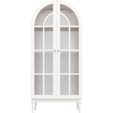 Vitrine meuble de rangement à 3 niveaux forme arquée doubles portes en verre strié aspect noyer et blanc (1/2)
