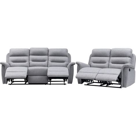 Loungitude – Ensemble canapés relax manuels 3 + 2 places – Tissu gris clair – Inclinaison manuelle – Accoudoirs ergonomiques – Confort optimal