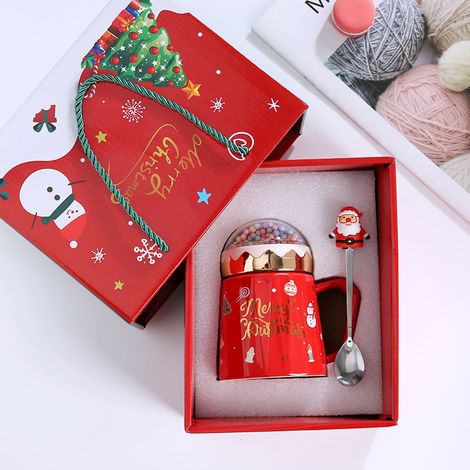Mug de Noël rouge avec couvercle et cuillère, motif Père Noël, style européen, en céramique créative. (1/5)