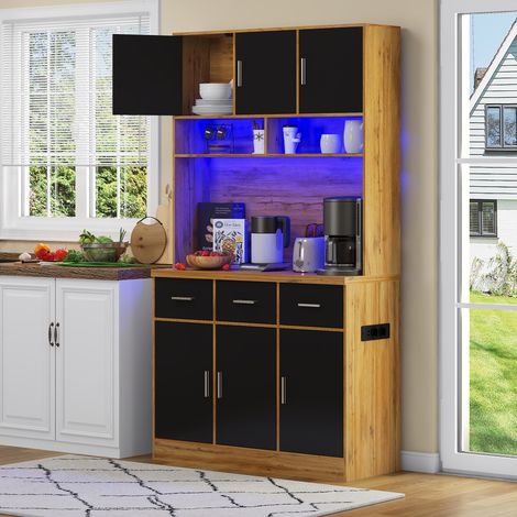 Buffet de Cuisine avec 6 Portes, 3 Tiroirs, Étagères Réglables, LED et Bloc Prises, en MDF, 100 x 40 x 180 cm, Naturel Noir