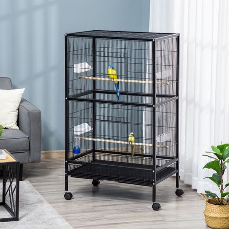 Jaula para Pájaros con 4 Ruedas Pajarera Metálica con Múltiples Puertas 4 Comederos Bebedero 2 Perchas 79x52x137cm Negro (1/5)