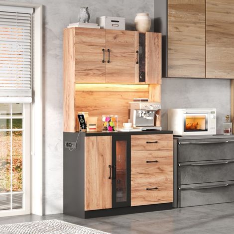 Credenza da cucina alta 105x40x180 cm - Design moderno in nero e legno con doppia vetrina a LED e prese integrate - Naturale e nero (1/5)