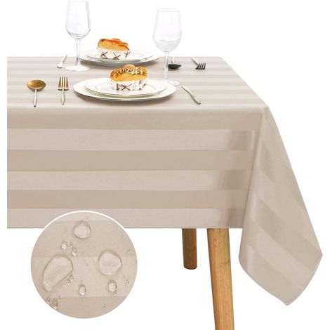Tischdecke Beige Gestreift 130x260 cm Wasserdicht & Abwaschbar für Outdoor